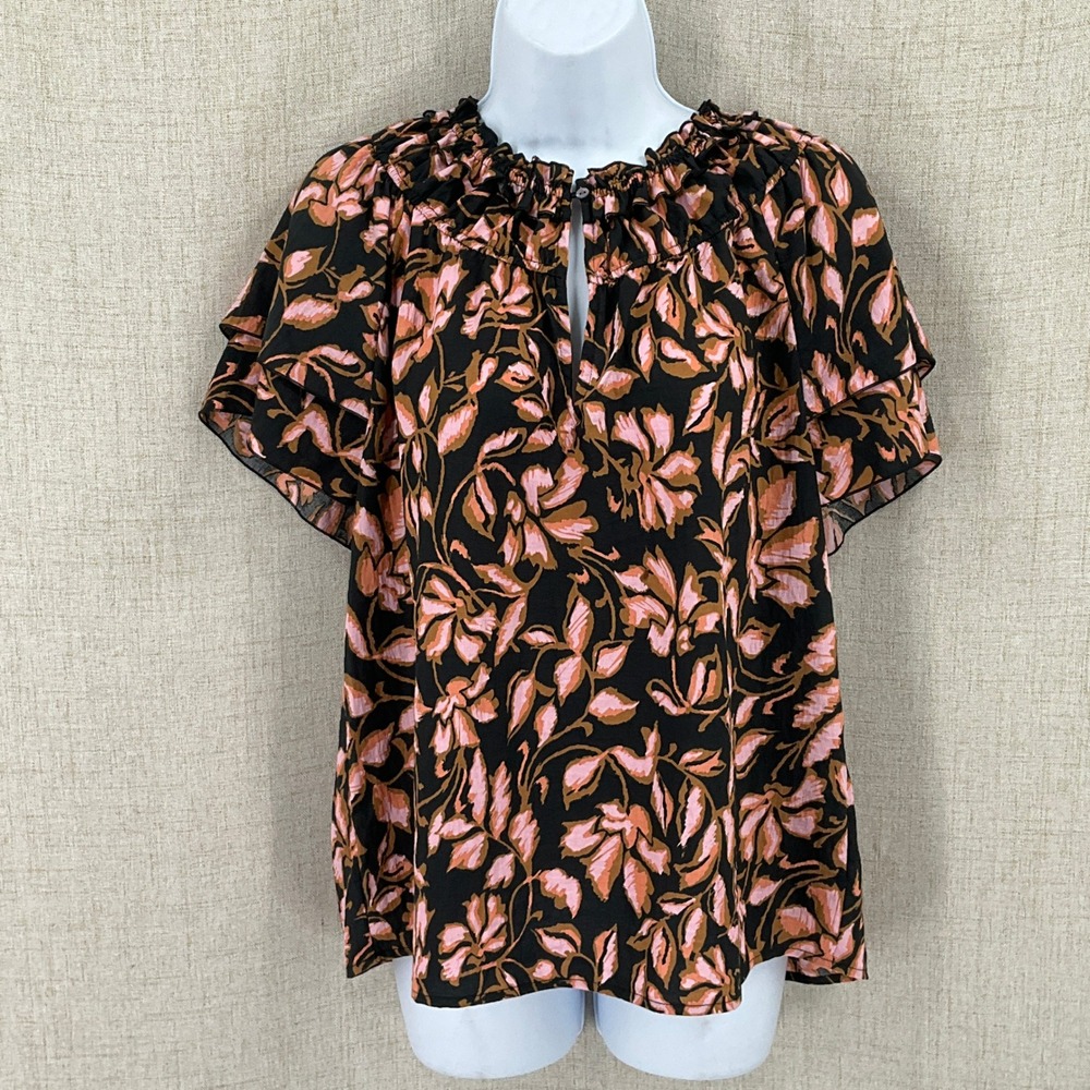 Rails Kamila Jasmine Top Womens Medium Black Pink Floral Ruffle Flutter Boho